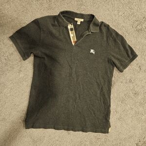 Mens Small Burberry Brit Dark Gray Polo with Signature Check Placket